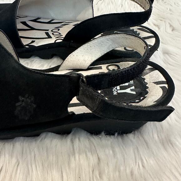 Fly London Palp Leather Wedge Sandals Peep Toe Logo Slingback, Black - Picture 8 of 13